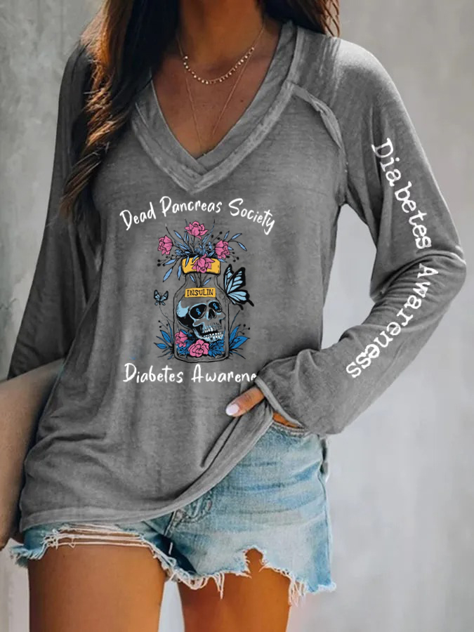 V-Neck Retro Diabetes Awareness Dead Pancreas Society Sugar Skull Long Sleeve T-Shirt