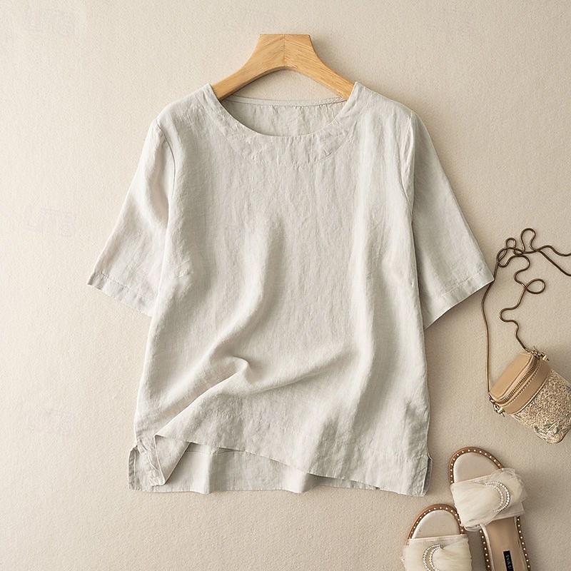 Women's Linen Shirt Summer Shirt Pullover Vintage Short Sleeve Crew Neck Blouse