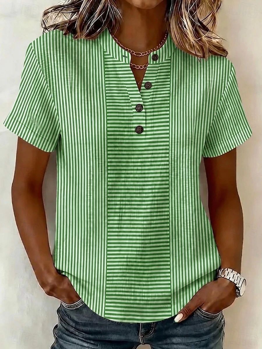 Women's Blouse Graphic Geometric Elegant Vacation Vintage Short Sleeve Henry Collar Long Tops