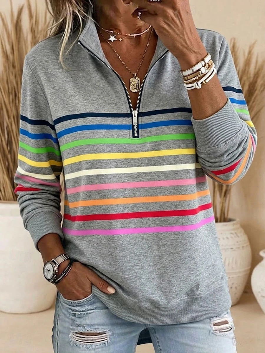 Women's Pullover Sweatshirt Patchwork Print Quarter Zip Plain Striped Elegant Warm Classic Long Sleeves Sweatshirt