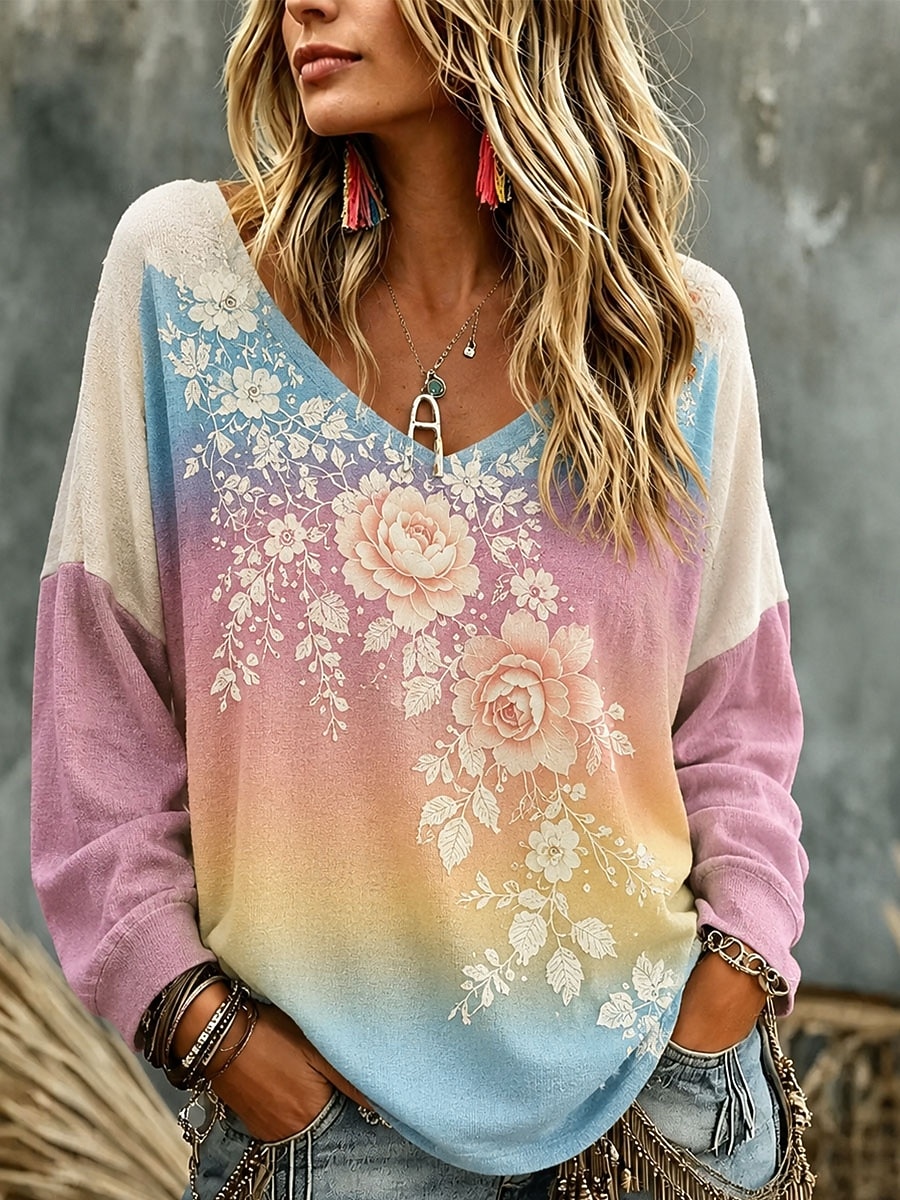 Women's Print Floral Cat Elegant Bohemia Vintage Long Sleeve Oversized Blouse