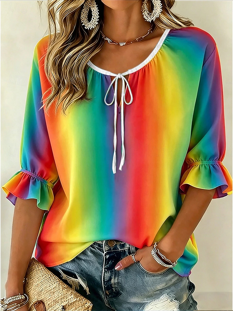 [Copy]Women's Diagonal Fringe V Neck Long Sleeve Blouse Frayed Raw Hem Crinkle Textured Western Casual Top