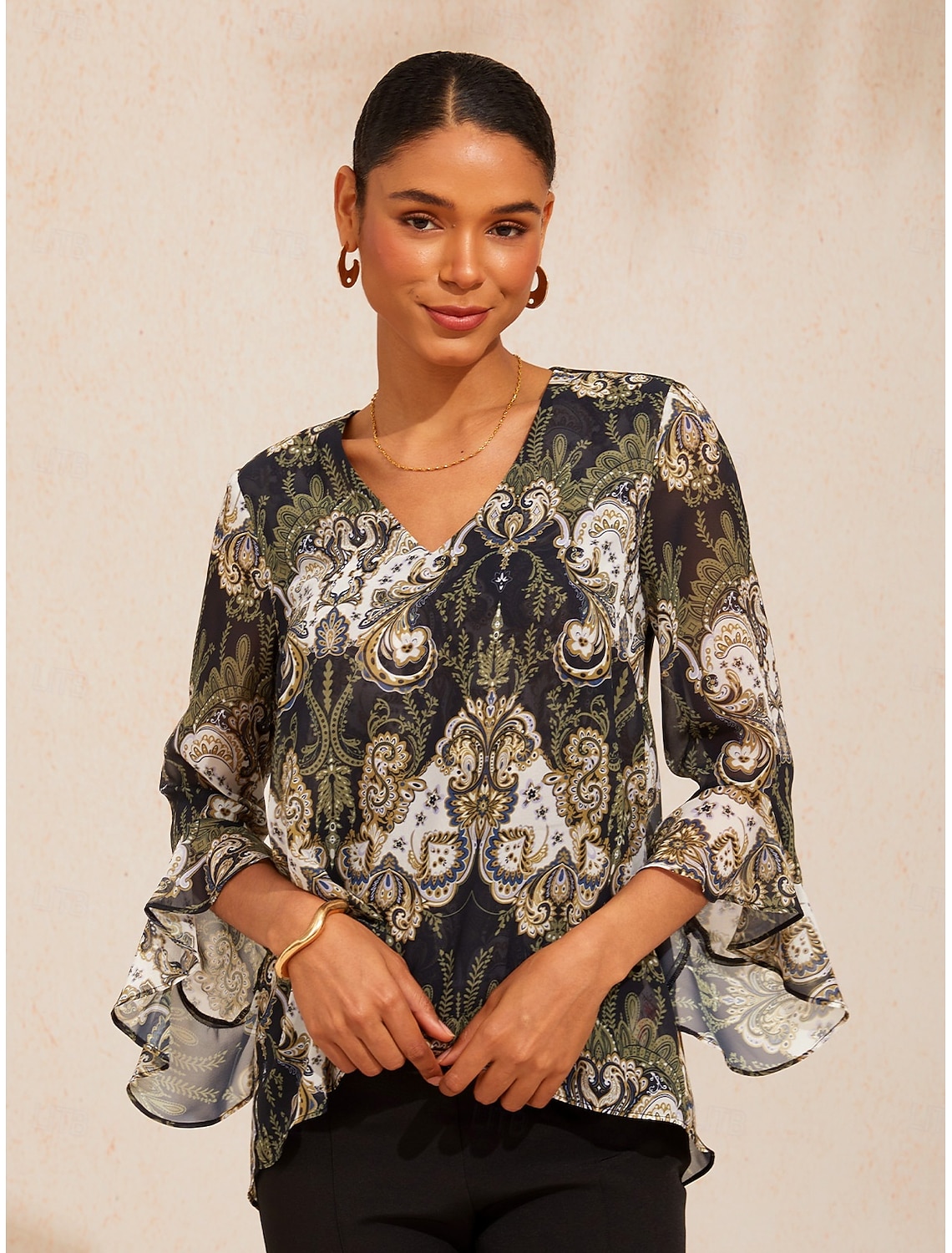 Green Mandala Floral Flowy Chiffon Top