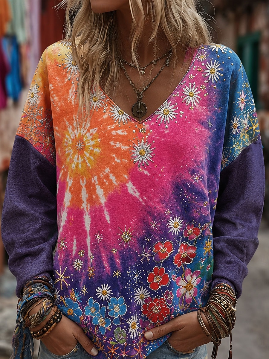 Women's Print Floral Cat Elegant Bohemia Vintage Long Sleeve Oversized Blouse