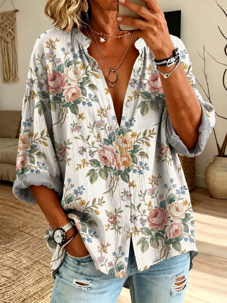 Vintage Floral Pattern Art Print Casual Long Sleeve Cotton Linen Shirt