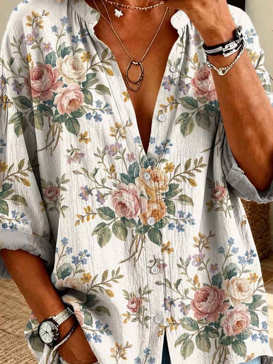 Vintage Floral Pattern Art Print Casual Long Sleeve Cotton Linen Shirt