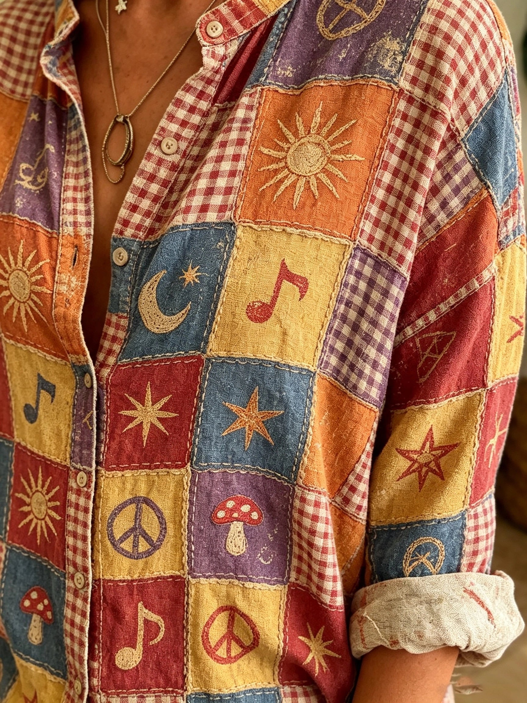 Women's Celestial Music Patchwork Print Button-Down Shirt
