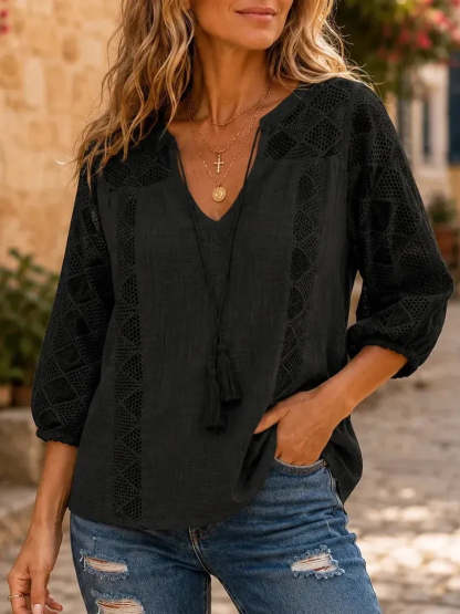 Women's Crochet Eyelet Tassel Blouse
