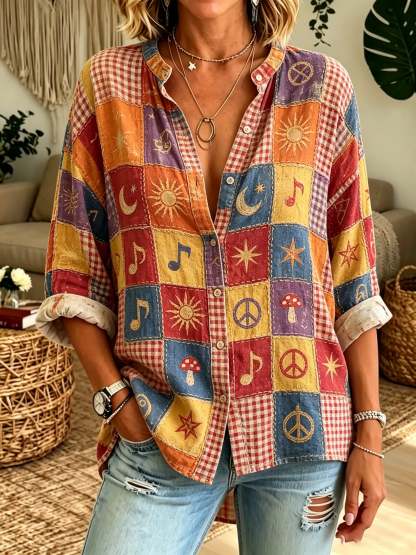 Women's Celestial Music Patchwork Print Button-Down Shirt