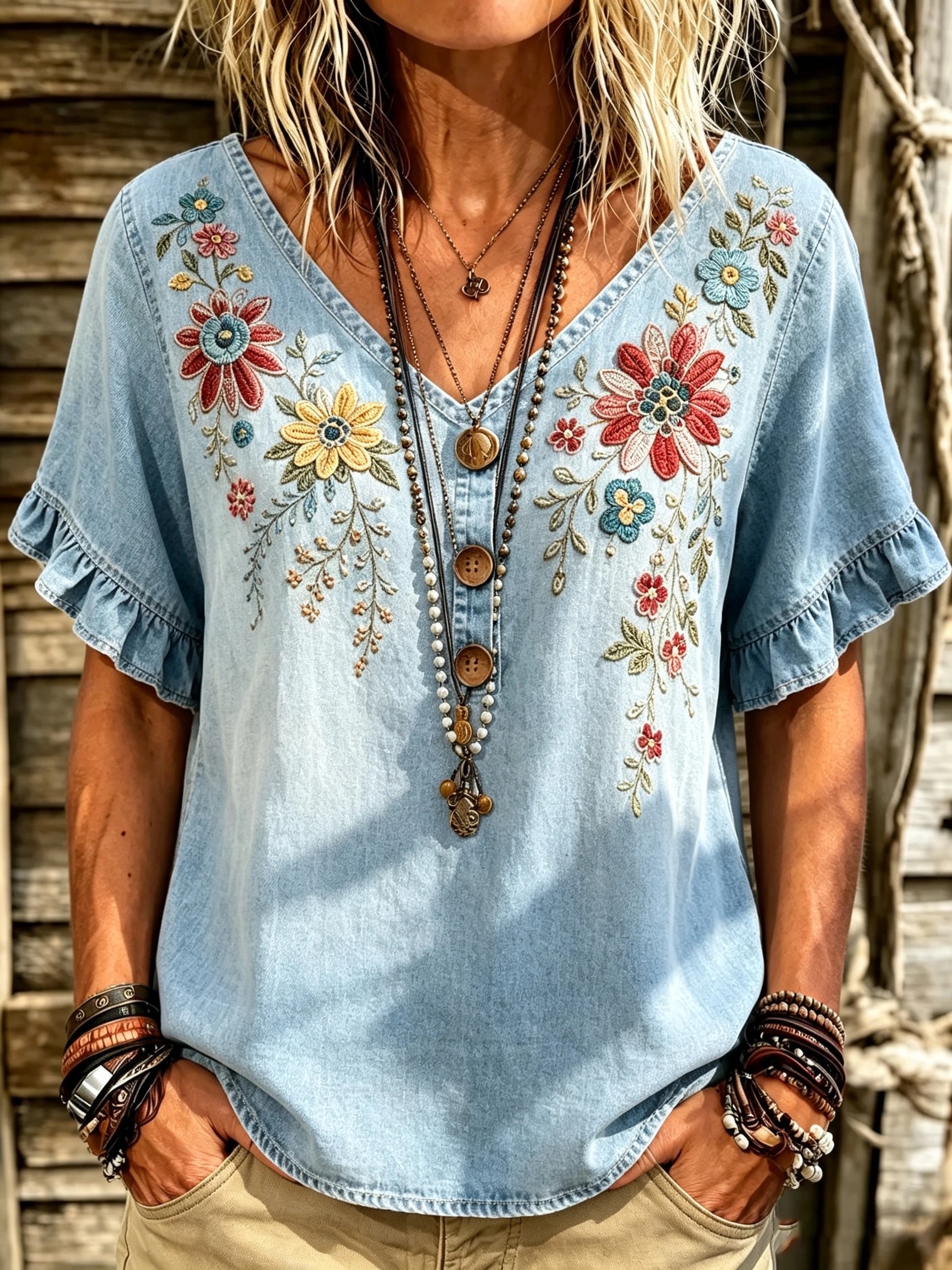 Women's Floral Print Denim Top
