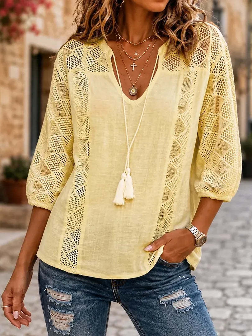 Women's Crochet Eyelet Tassel Blouse