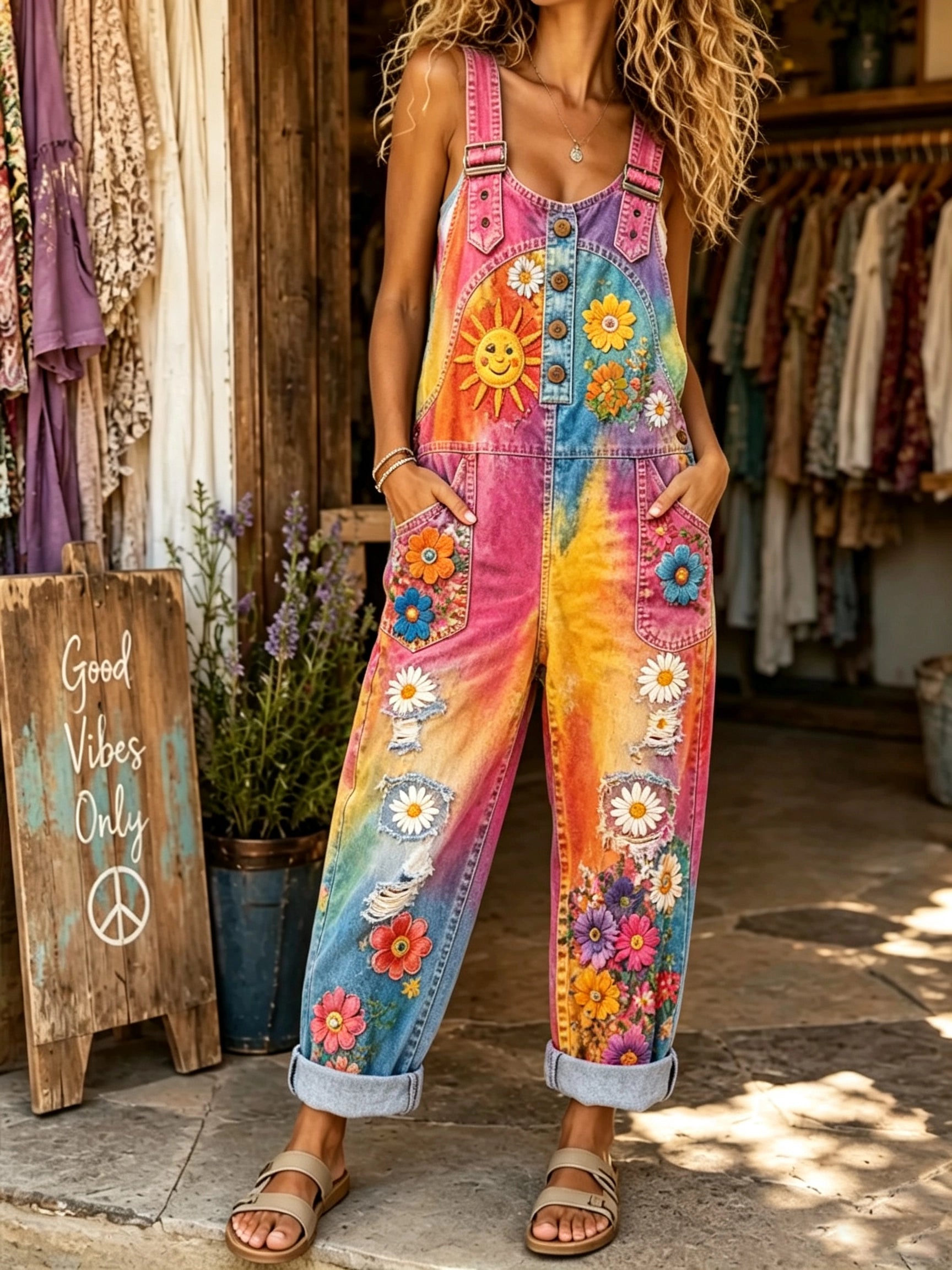 Women's Sun & Daisy Tie-Dye Print Overalls