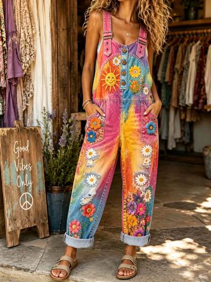 Women's Sun & Daisy Tie-Dye Print Overalls