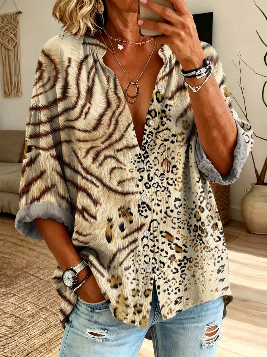 Vintage Leopard Pattern Art Print Casual Long Sleeve Cotton Linen Shirt