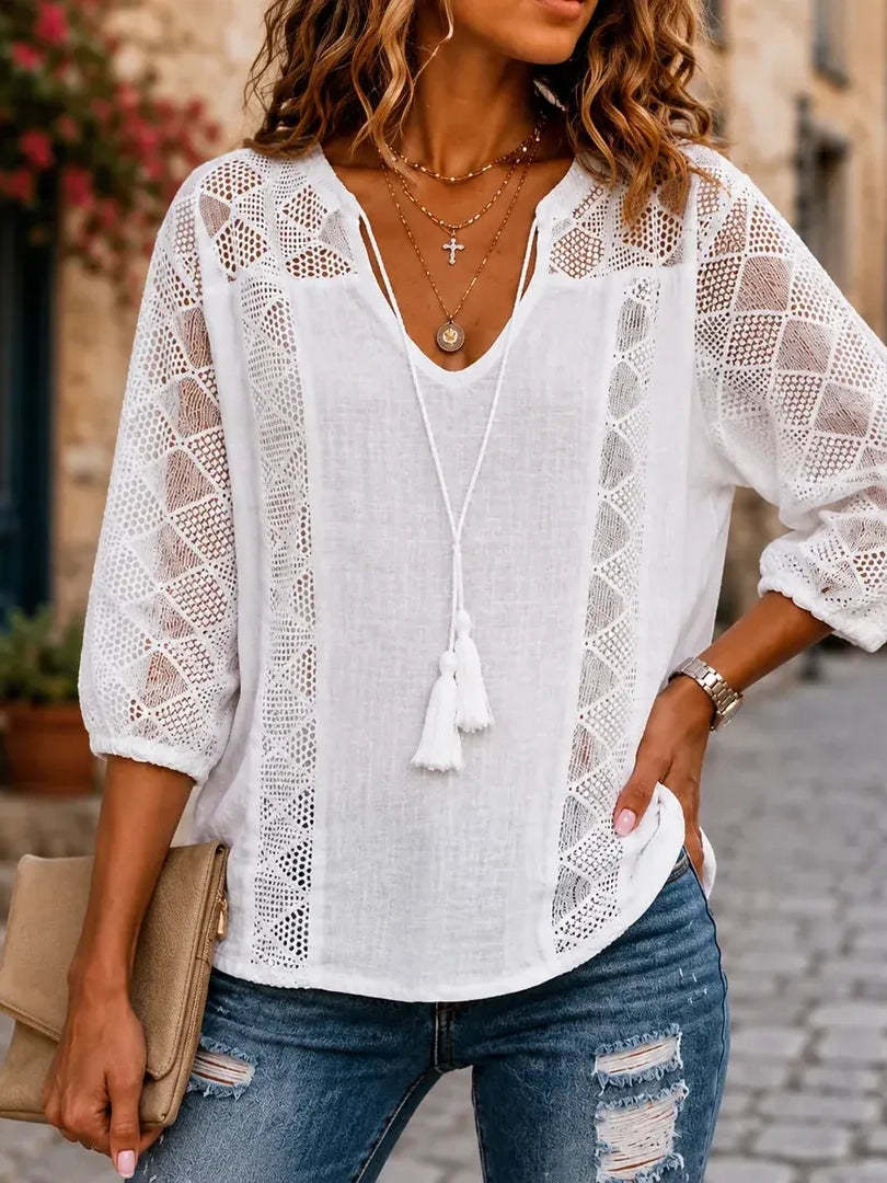 Women's Crochet Eyelet Tassel Blouse