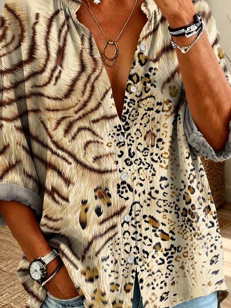 Vintage Leopard Pattern Art Print Casual Long Sleeve Cotton Linen Shirt