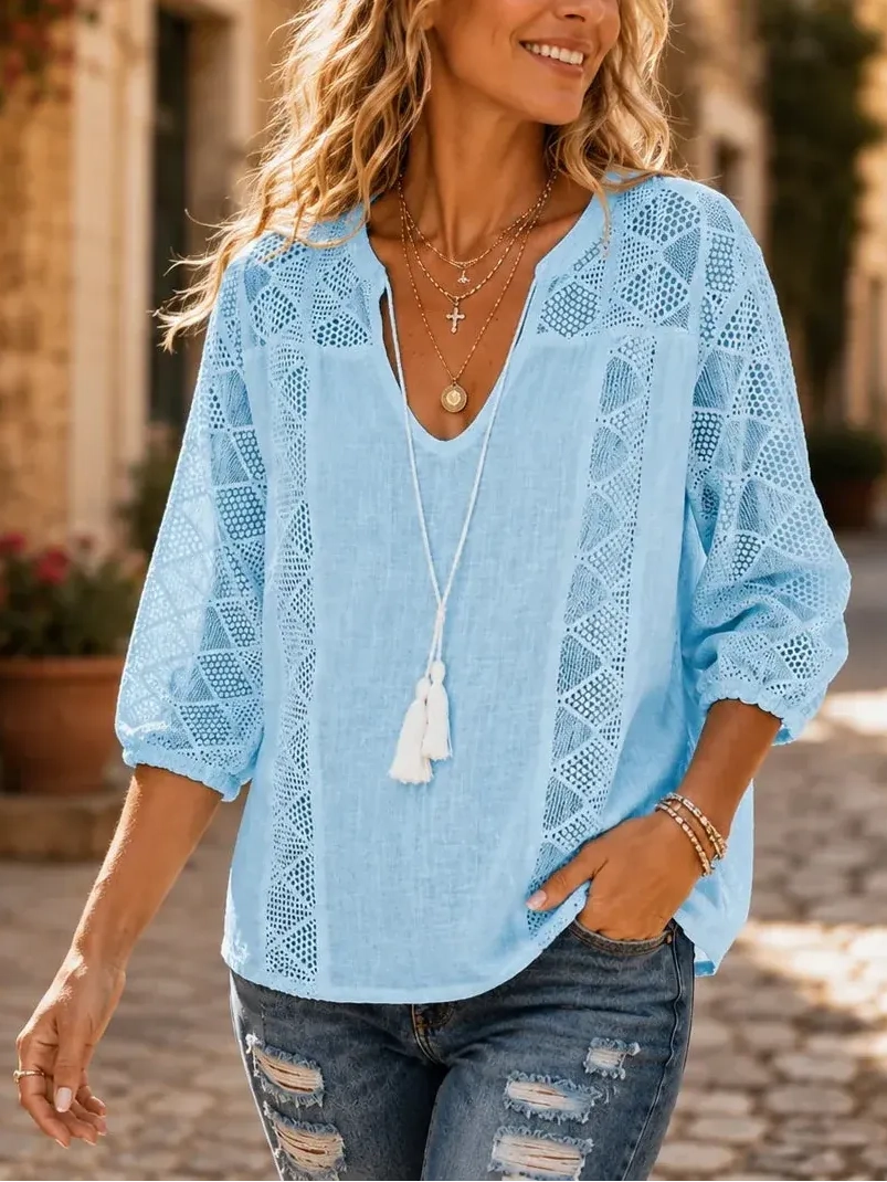 Women's Crochet Eyelet Tassel Blouse