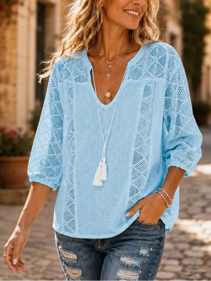 Women's Crochet Eyelet Tassel Blouse