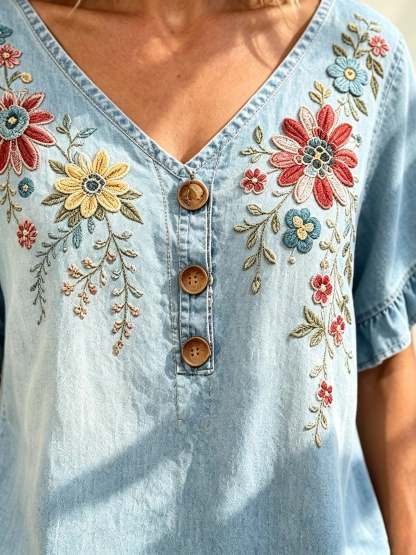 Women's Floral Print Denim Top