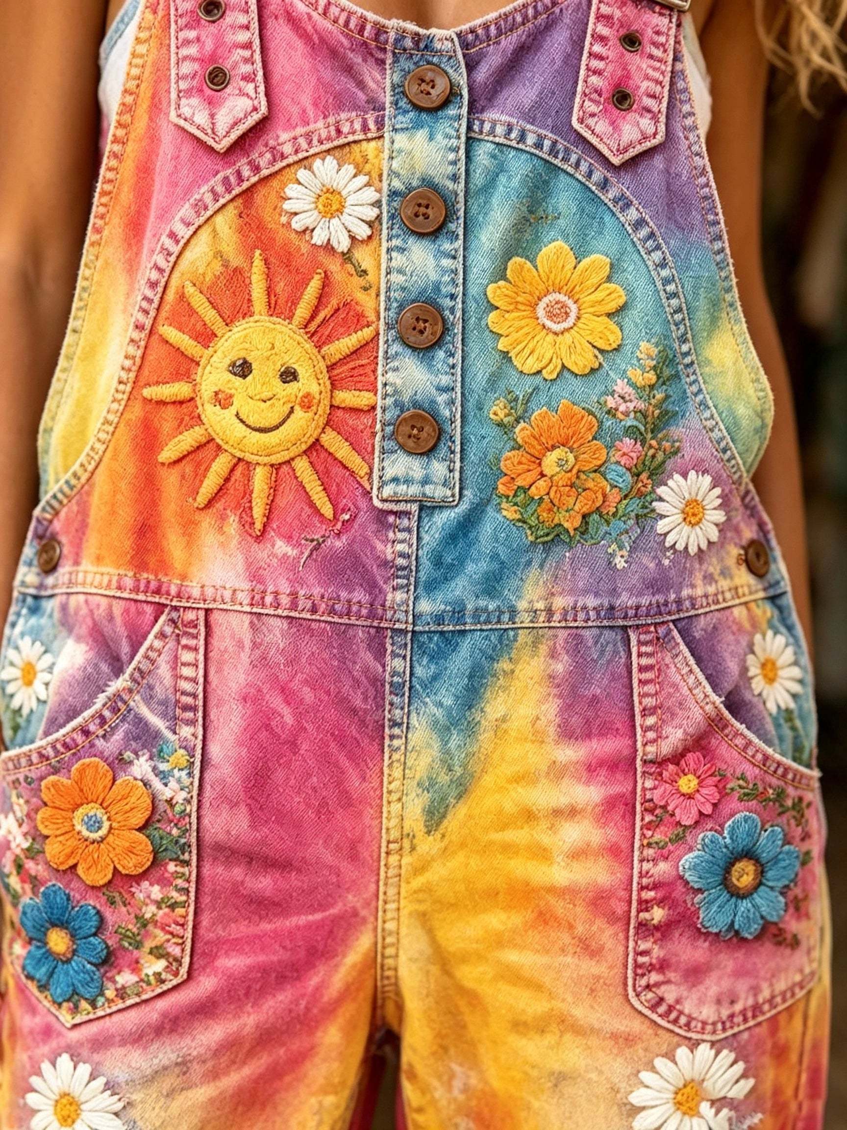 Women's Sun & Daisy Tie-Dye Print Overalls