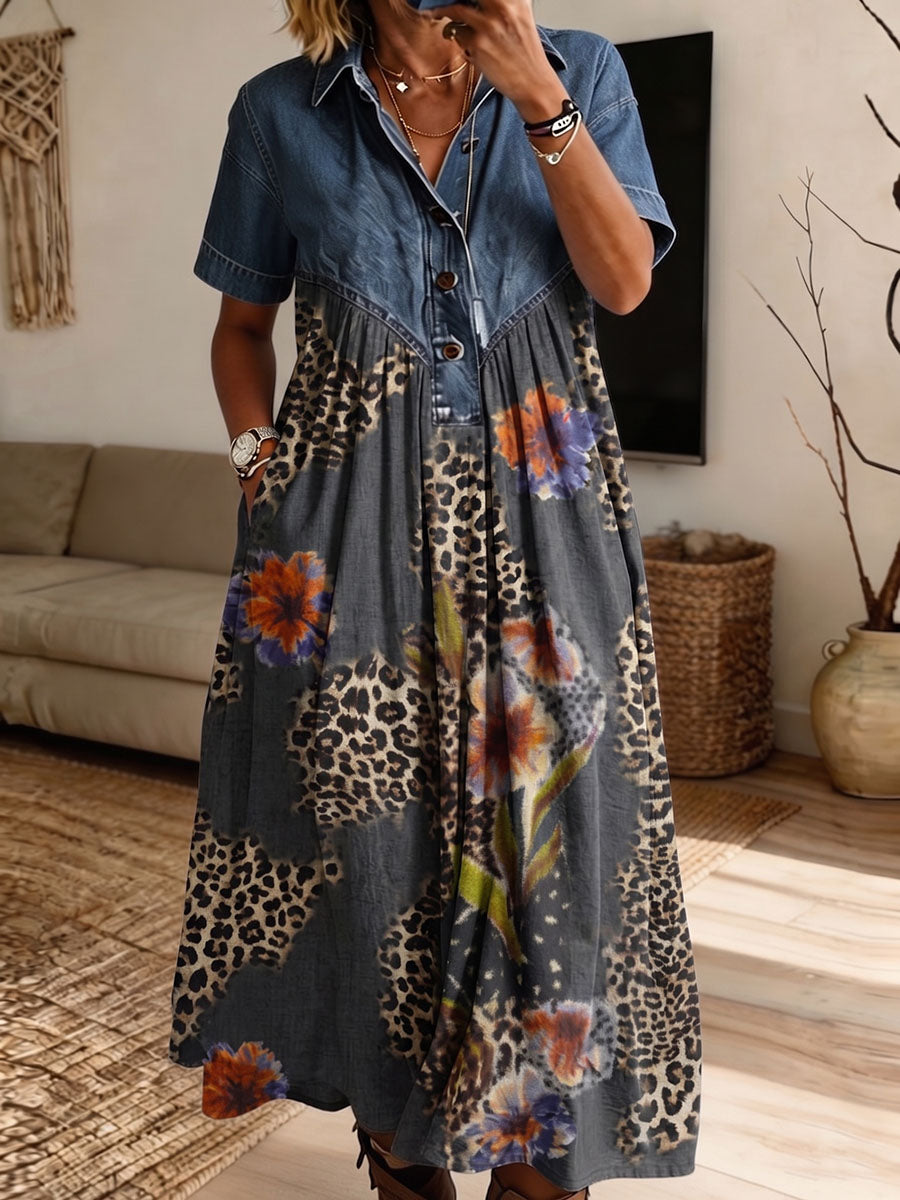 Vintage Elegant Color Blocking Pattern Print Patchwork Denim Dress