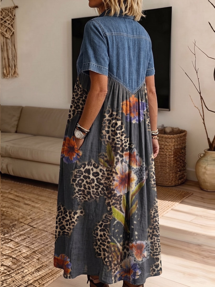 Vintage Elegant Color Blocking Pattern Print Patchwork Denim Dress