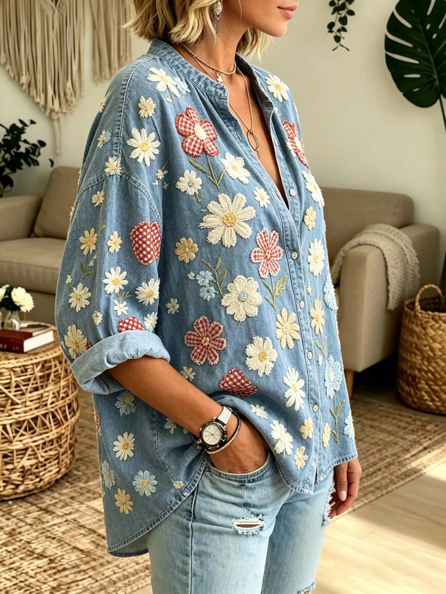 Women's Daisy Floral Print Button-Down Shirt
