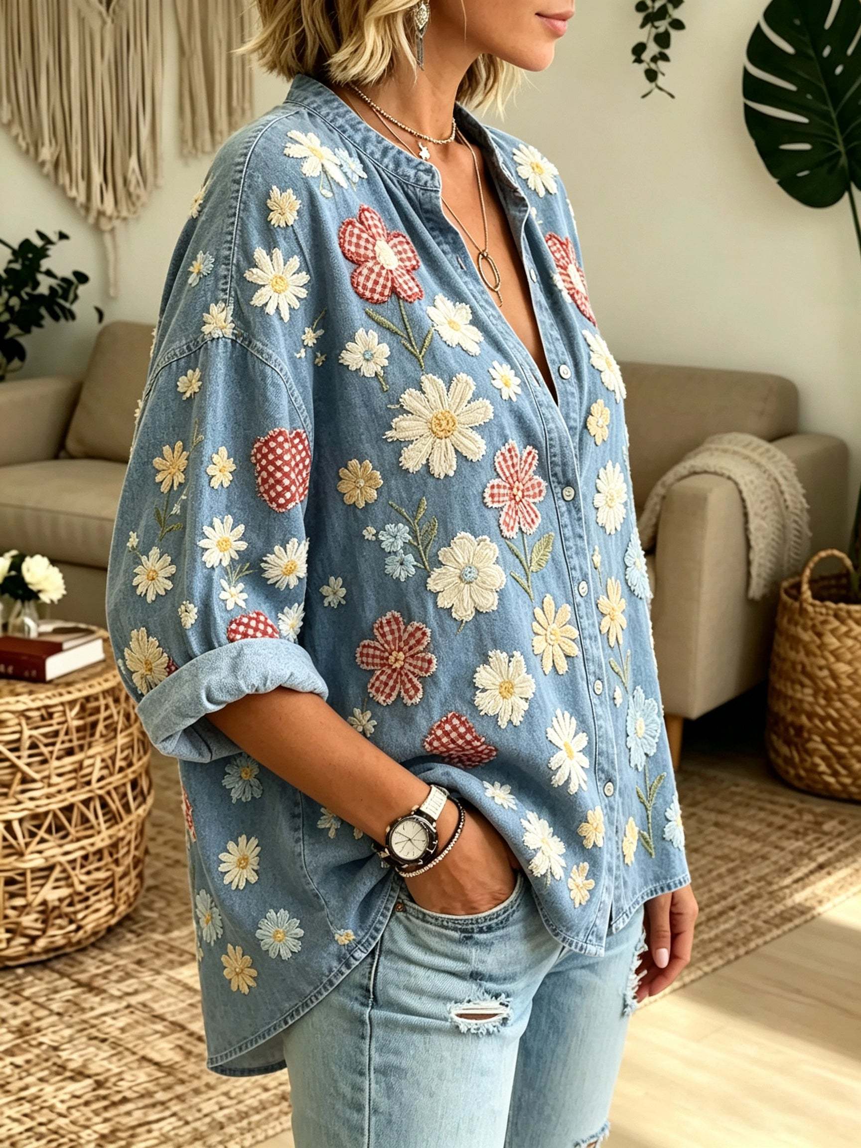 Women's Daisy Floral Print Button-Down Shirt