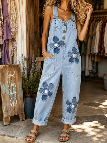 Women's Frayed Floral Patch Denim Overalls
