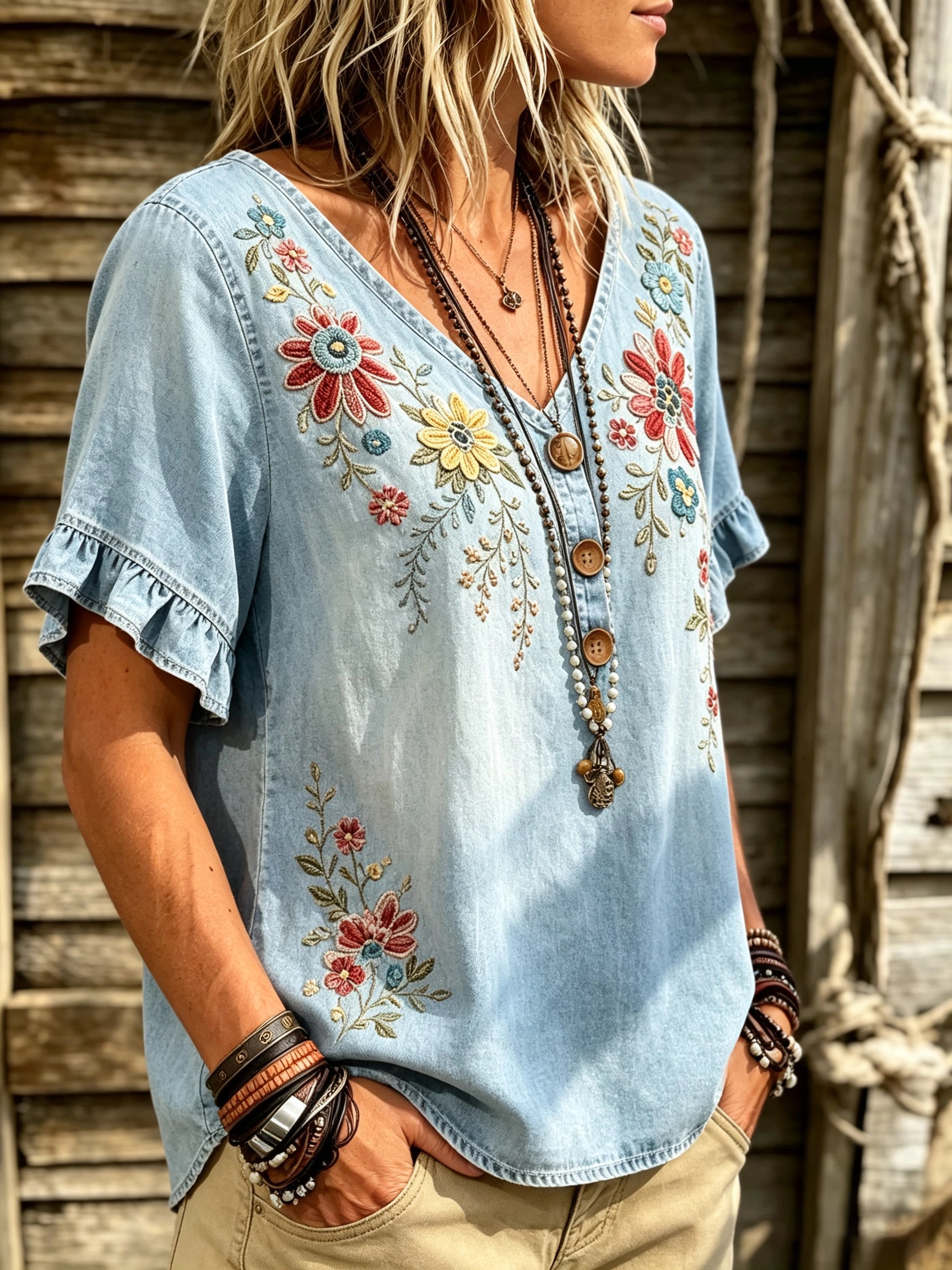 Women's Floral Print Denim Top