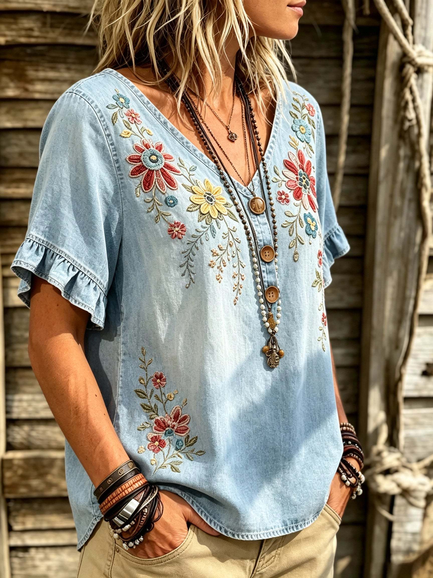 Women's Floral Print Denim Top
