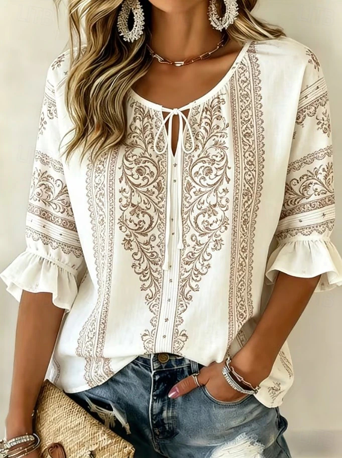 Women's Shirt Graphic Geometric Paisley Bohemia Vacation Vintage Long Sleeve V Neck Regular Tops