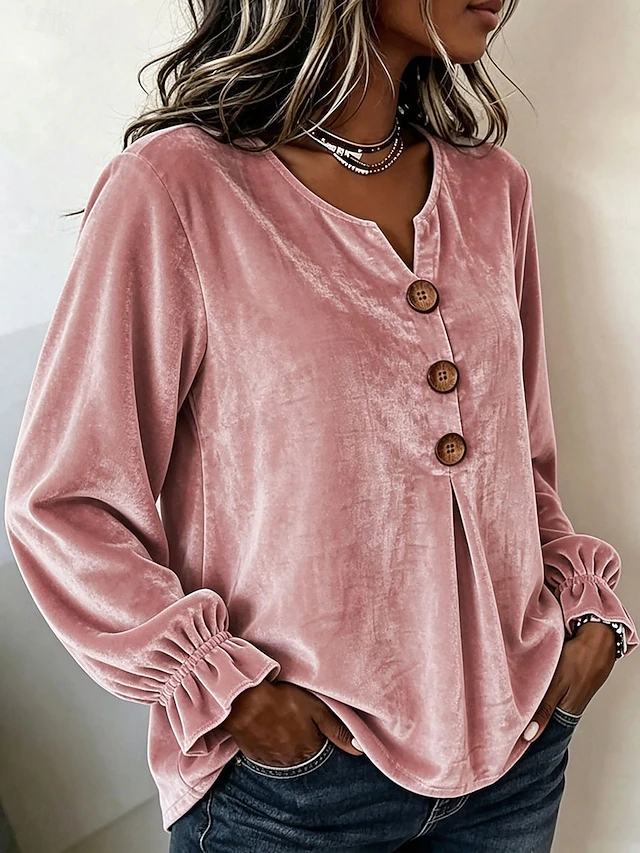 Women's Shirt Velvet Solid Color Plain Elegant Bohemia Vacation Long Sleeve V Neck Long Tops