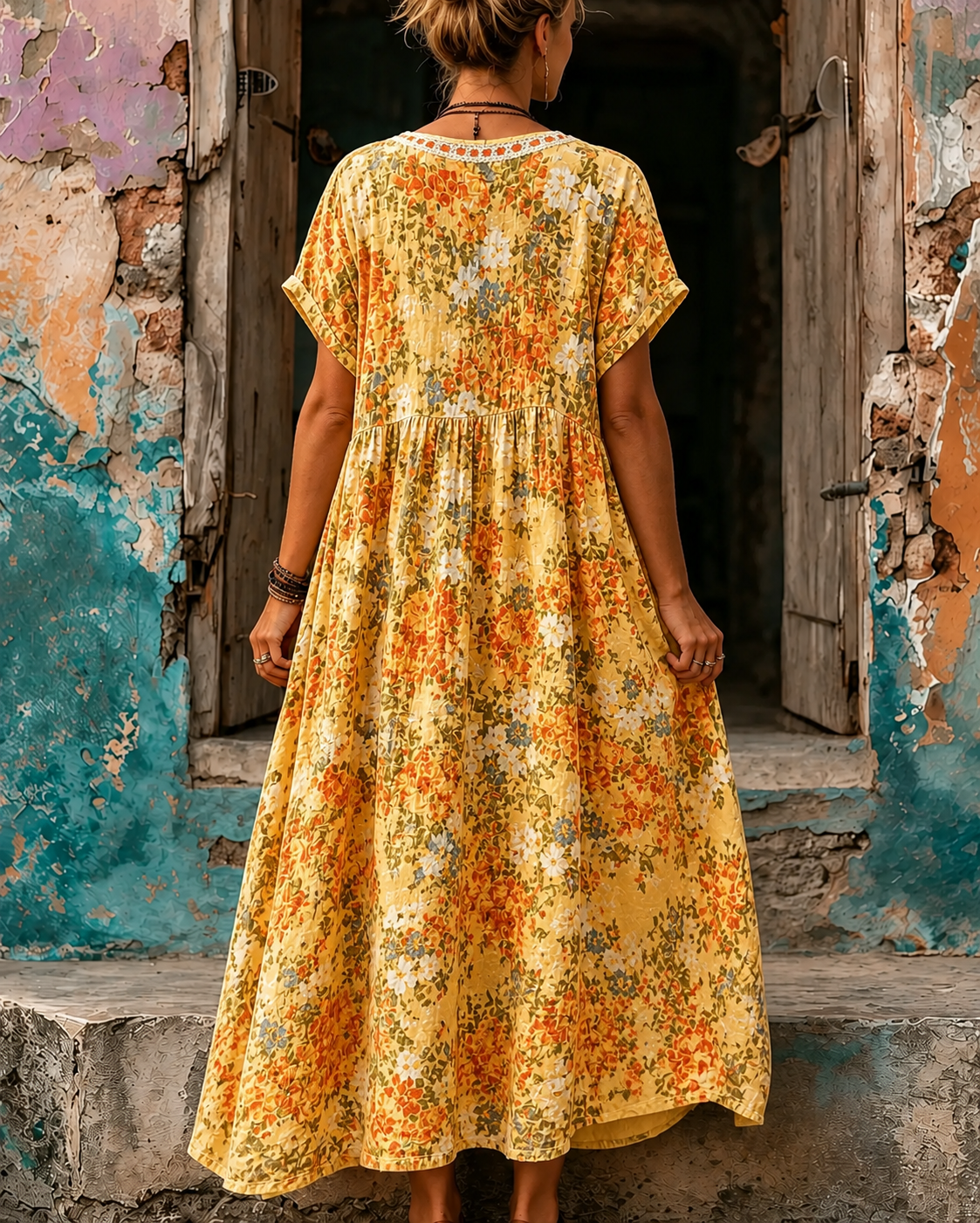 Women's Vacation Linen Boho Floral Print V-Neck Short Sleeve Maxi Dress