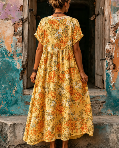 Women's Vacation Linen Boho Floral Print V-Neck Short Sleeve Maxi Dress