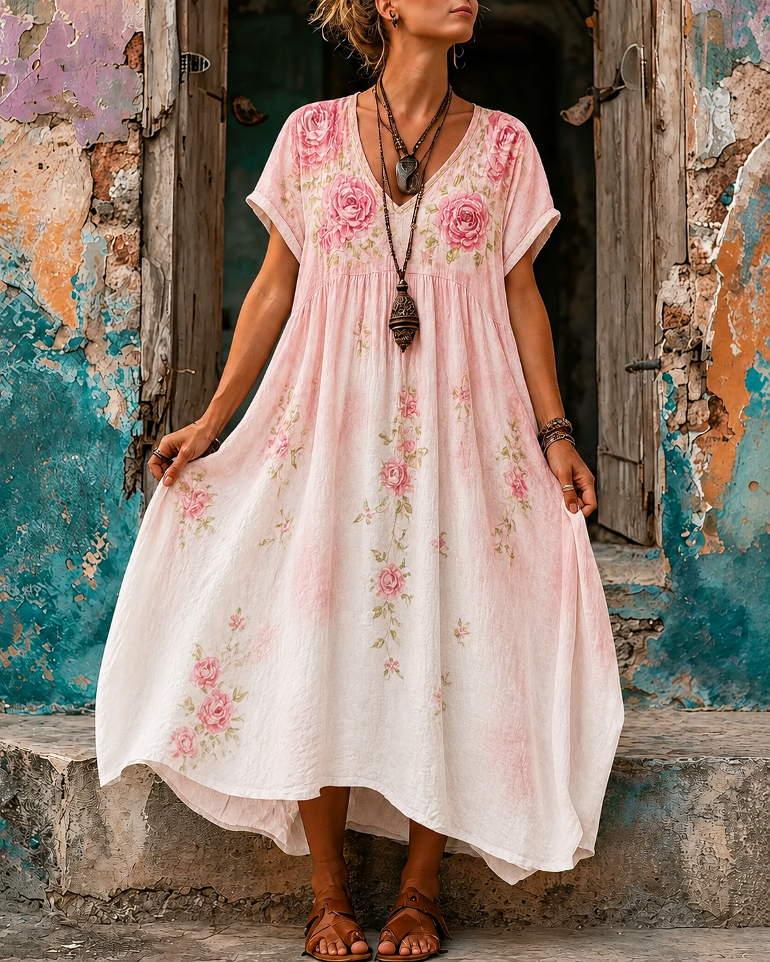 Women's Vacation Linen Boho Floral Print V-Neck Short Sleeve Maxi Dress