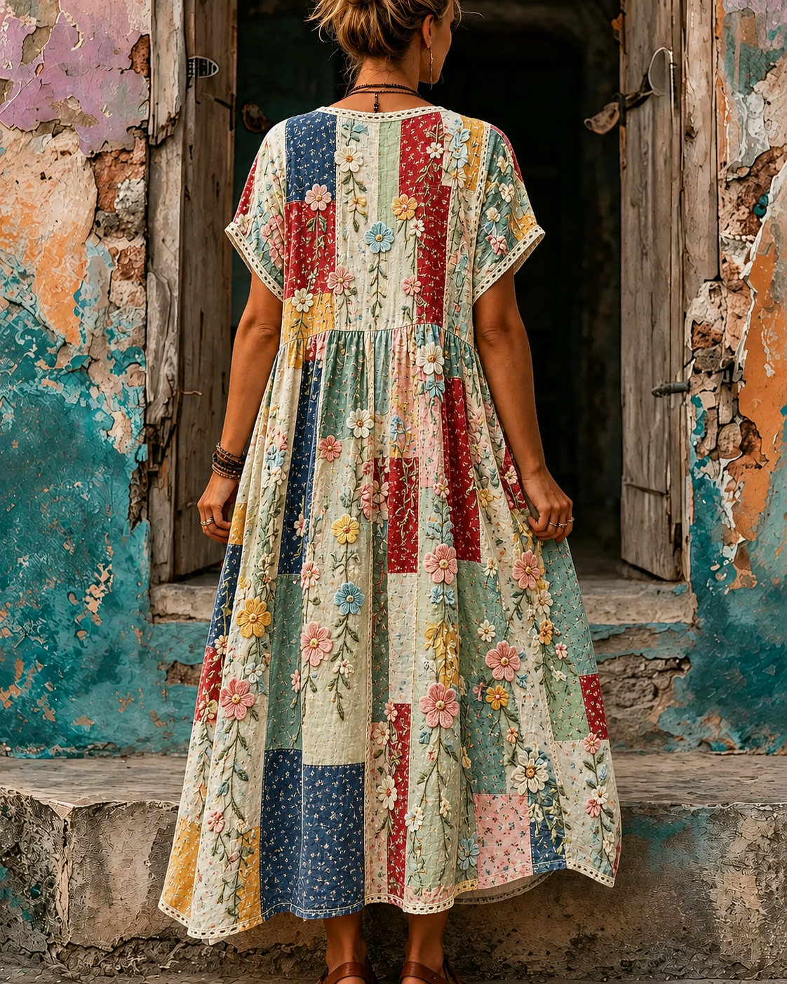 Women's Vacation Linen Boho Floral Print V-Neck Short Sleeve Maxi Dress