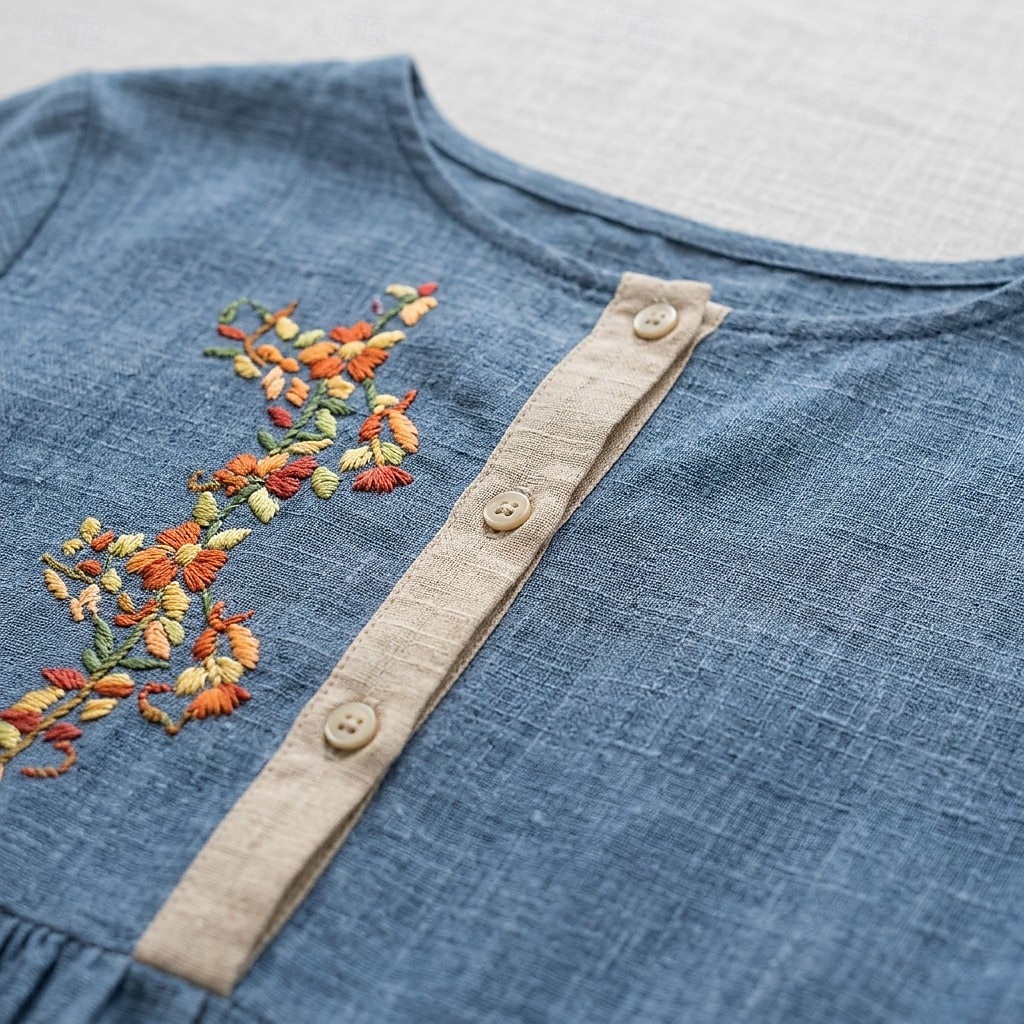Women's Embroidered Midi Dress Cotton Linen Dresses Elegant Tropical Casual Loose Shift Dress