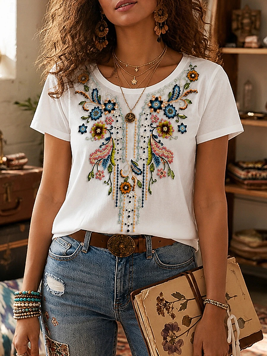 Women's Embroidered Floral Graphic Plants Vintage T-shirt