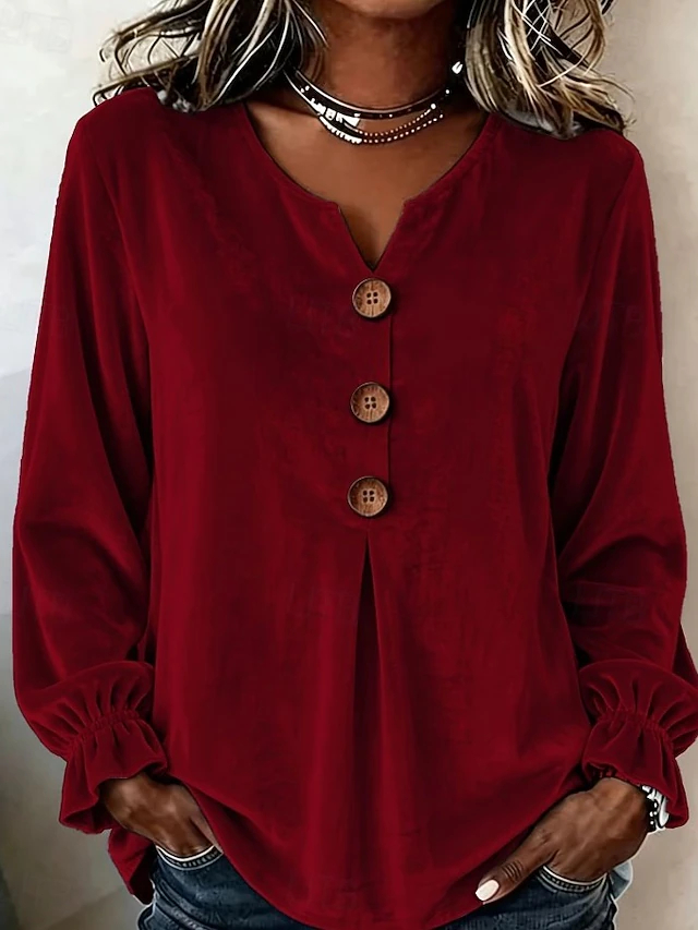 Women's Shirt Velvet Solid Color Plain Elegant Bohemia Vacation Long Sleeve V Neck Long Tops