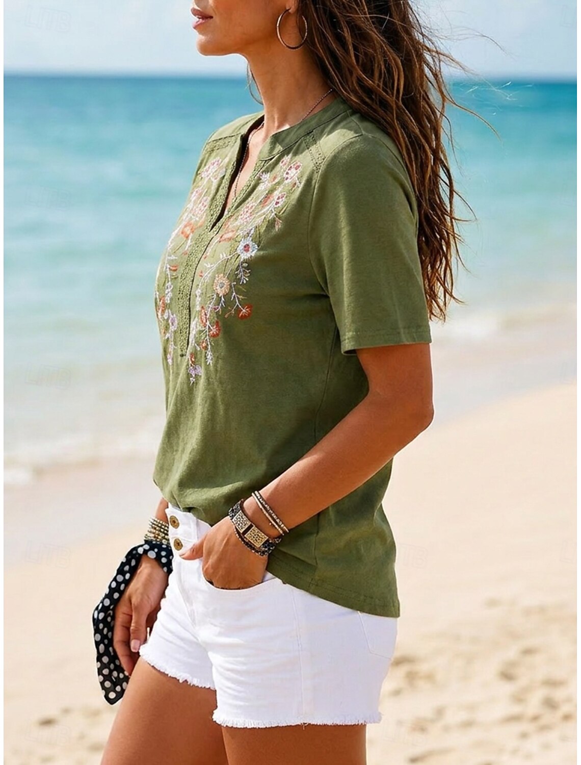 Women's Lace Splicing Patchwork Embroidered Lace Trim Daily Short Sleeve Notched Neck Casual Top