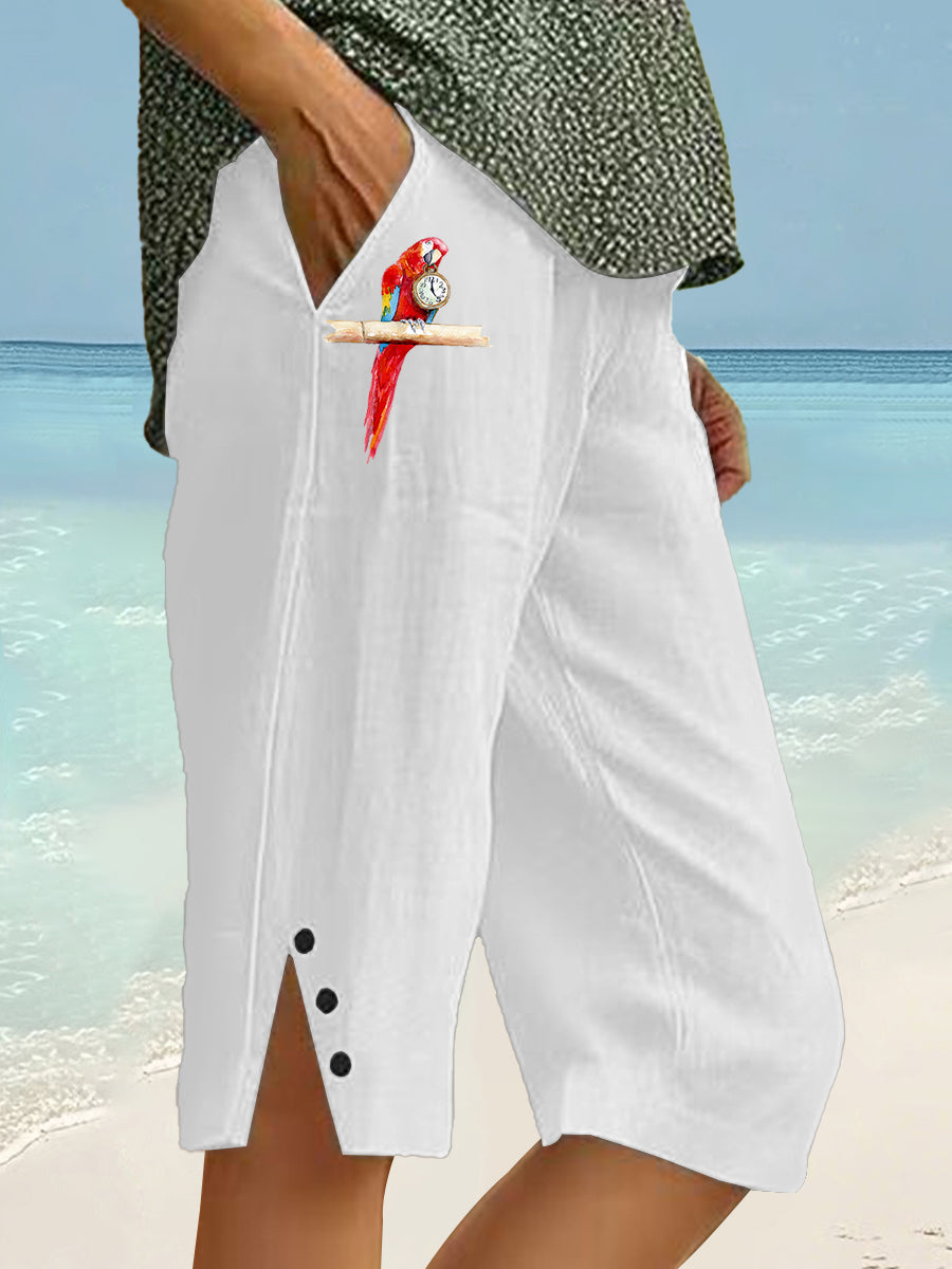 Women's Beach Vacation Parrot Print CottonLinen Shorts