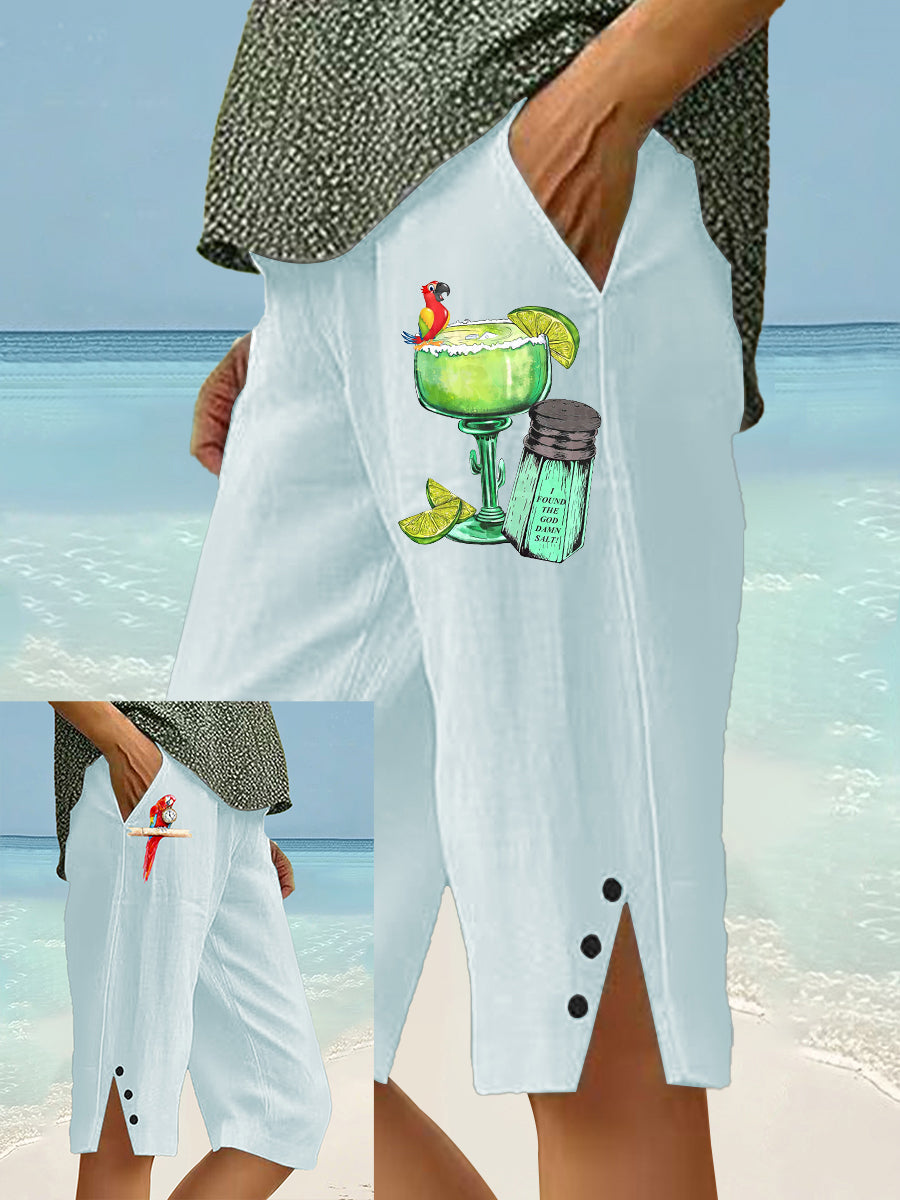 Women's Beach Vacation Parrot Print CottonLinen Shorts