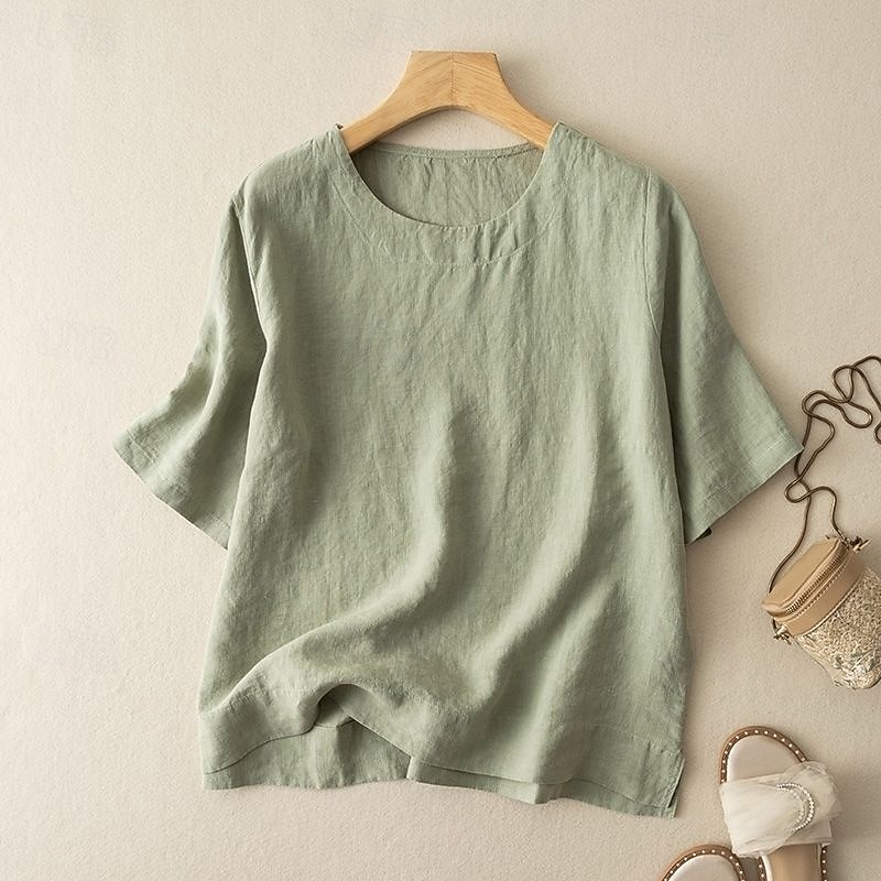 Women's Linen Shirt Summer Shirt Pullover Vintage Short Sleeve Crew Neck Blouse