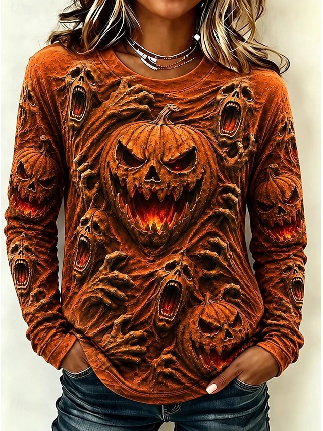 Halloween Skull Long Sleeve Crew Neck Round Neck Tops