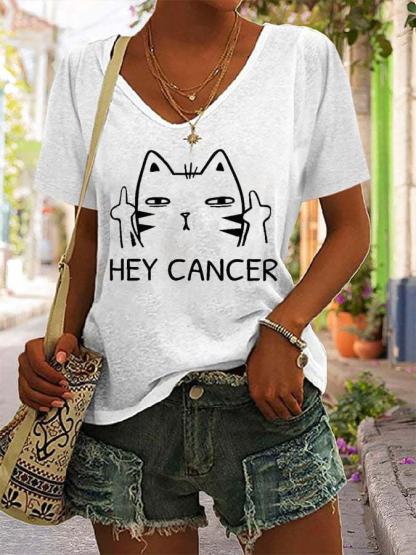 Women'S  Casual Hey Cancer Fuck You Based Print T Shirt