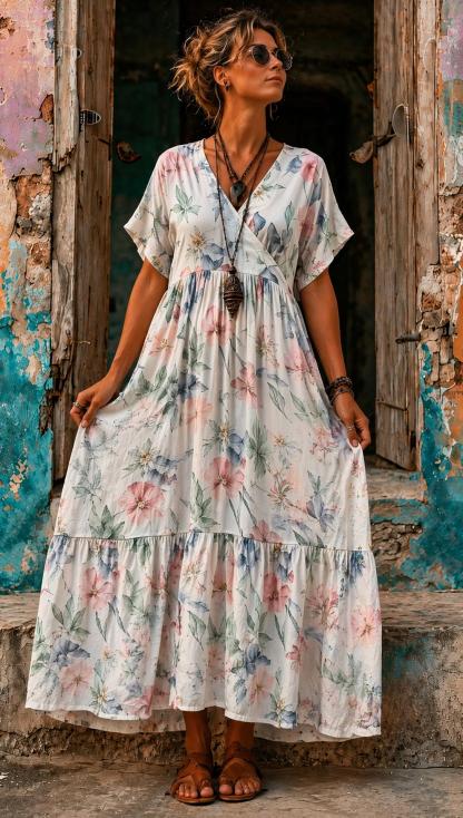 Women's Vacation Linen Boho Floral Print V-Neck Short Sleeve Maxi Dress