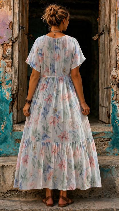 Women's Vacation Linen Boho Floral Print V-Neck Short Sleeve Maxi Dress