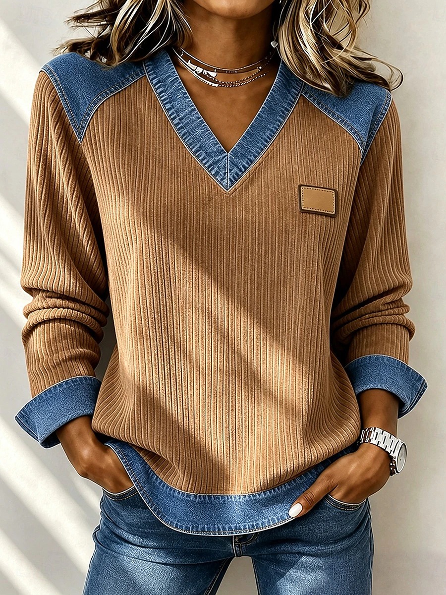 Women's Corduroy Tops Pullover Casual Long Sleeve V Neck Top