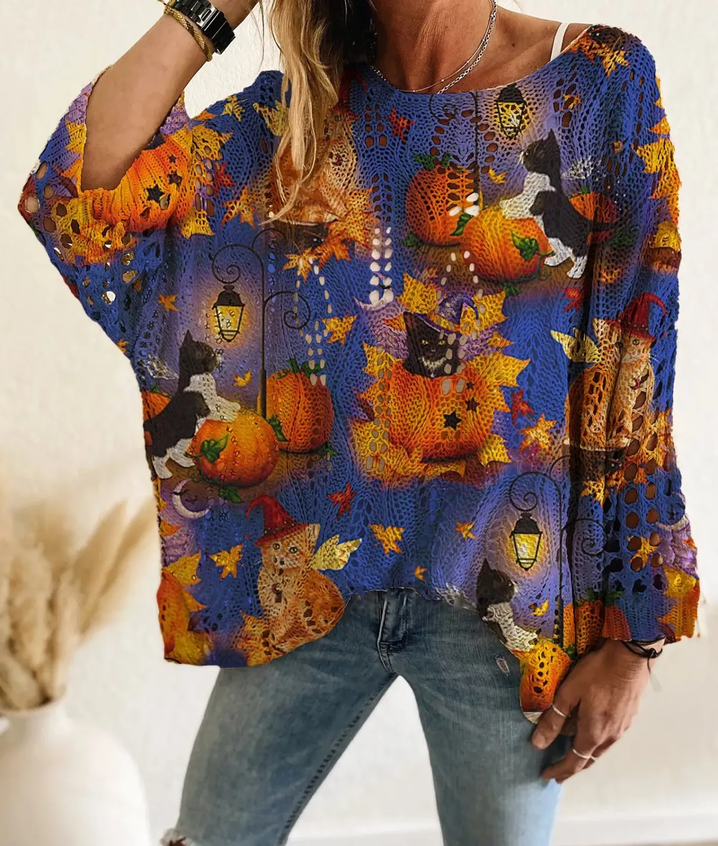 Women's Halloween One-Shoulder Diamond Hollow Bat Pumpkin Print Long Sleeve Top